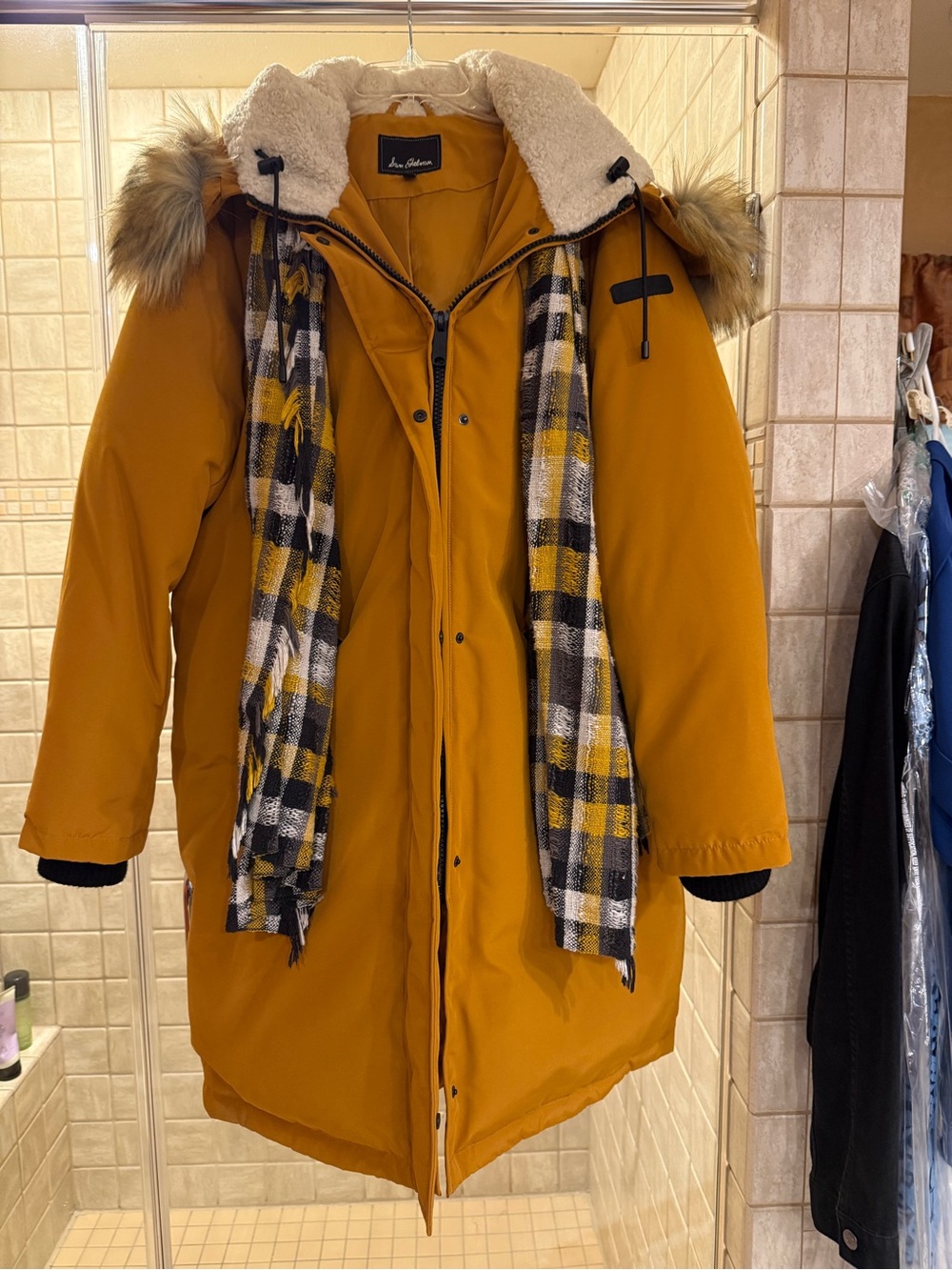 Sam Edelman Mustard Hooded Faux-Fur Trim Puffer Coat with Matching Plaid Scarf
